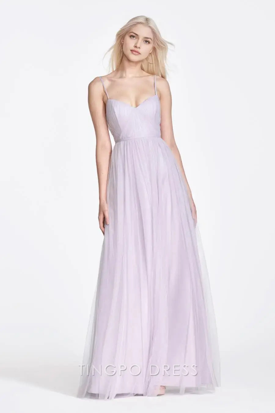 TingPo Wholesale Elegant Lilac Tulle Spaghetti Strap Dress - Sweetheart Neckline Maxi Evening Gown